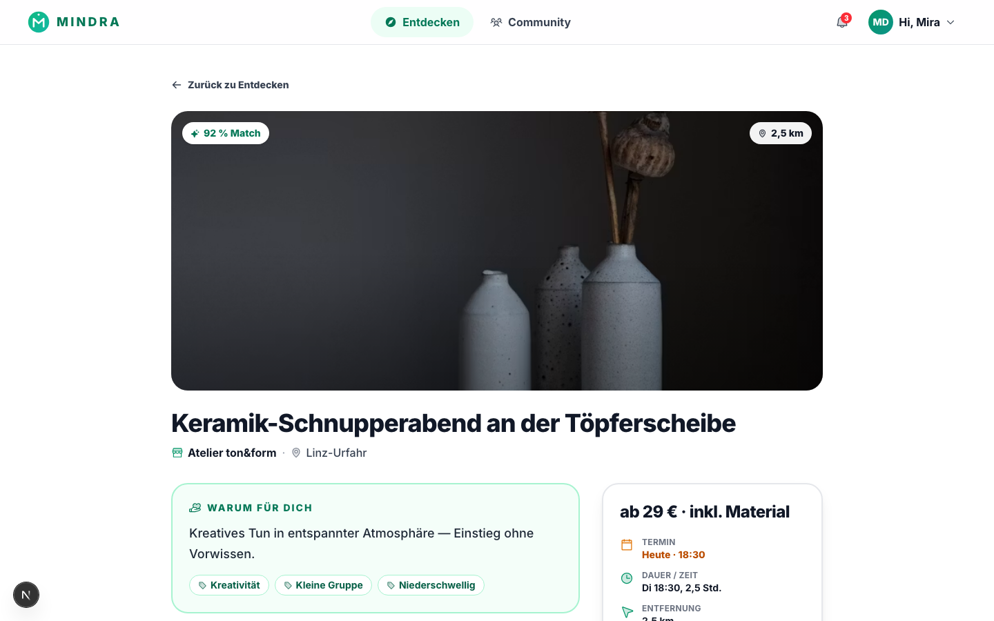 Mindra im Desktop – reales Angebot mit Details